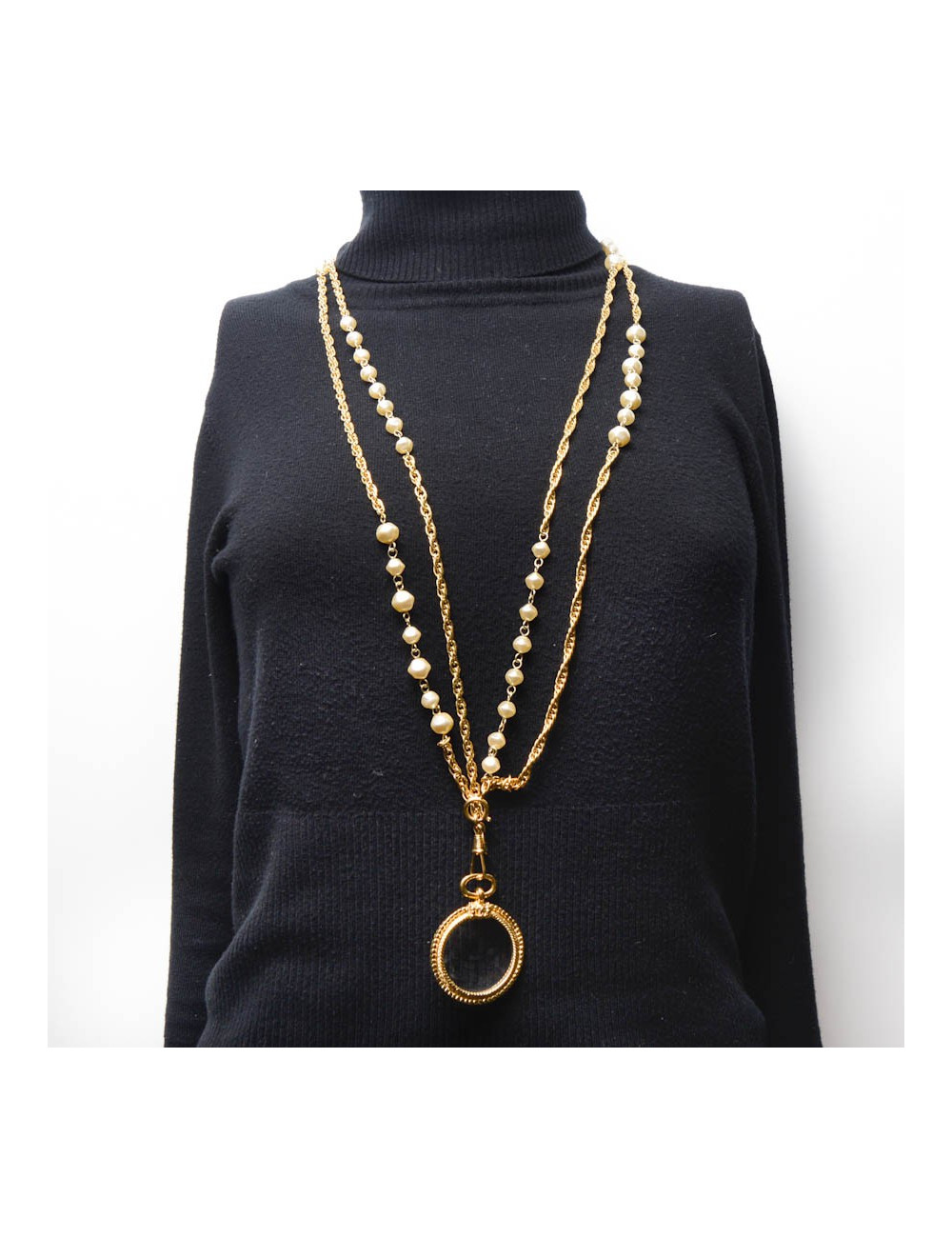 Sautoir double CHANEL chaines et perles et loupe Vintage