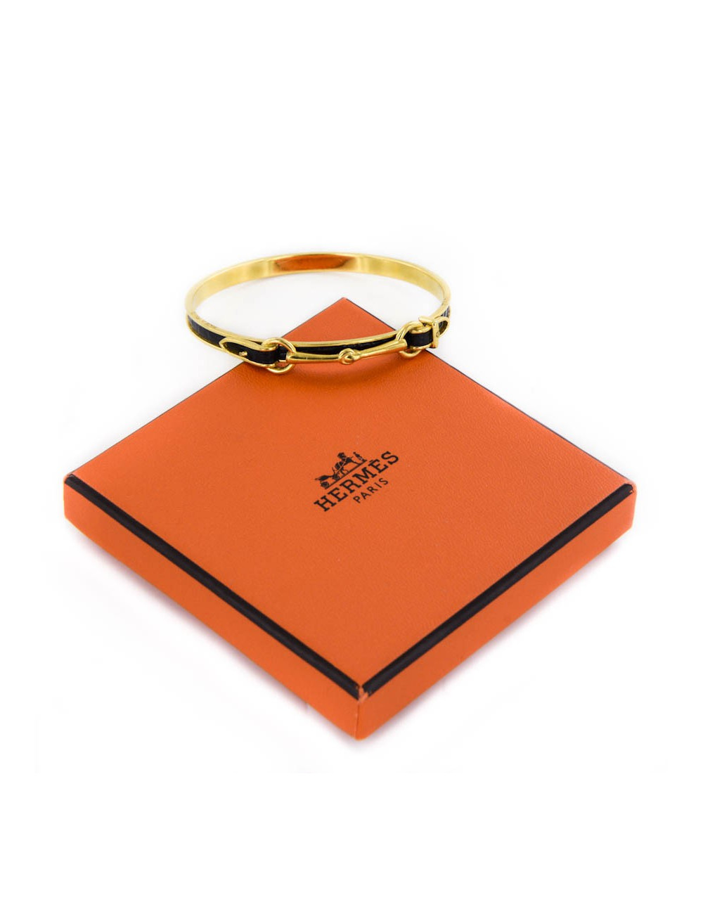 Bracelet HERMES  "mors" plaqué or et lézard noir