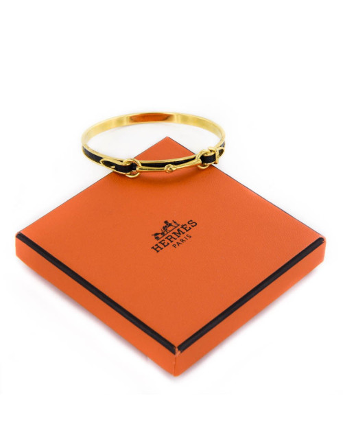 Bracelet HERMES  "mors" plaqué or et lézard noir