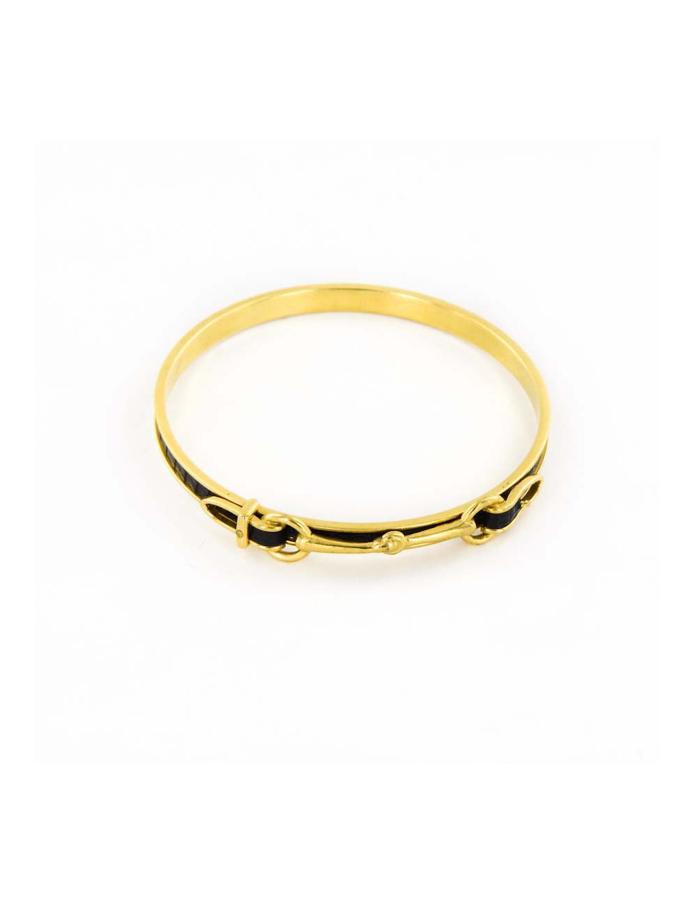 Bracelet HERMES  "mors" plaqué or et lézard noir