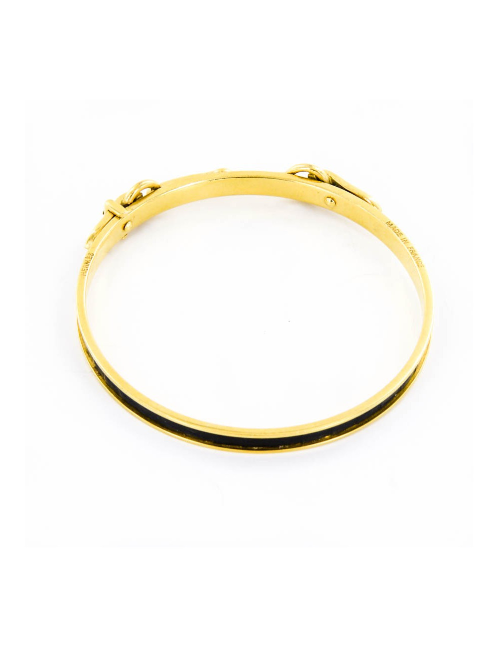 Bracelet HERMES  "mors" plaqué or et lézard noir