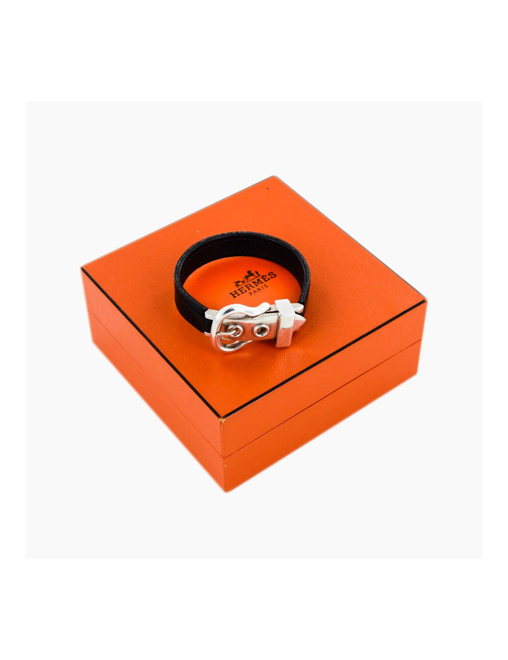 Bracelet HERMES en cuir noir et boucle argent
