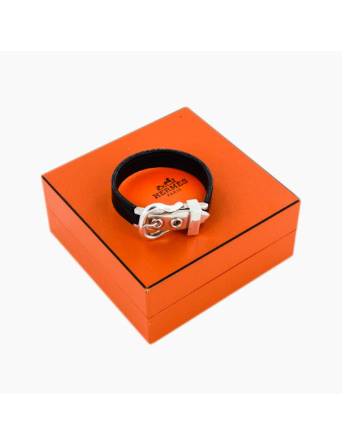 Bracelet HERMES en cuir noir et boucle argent