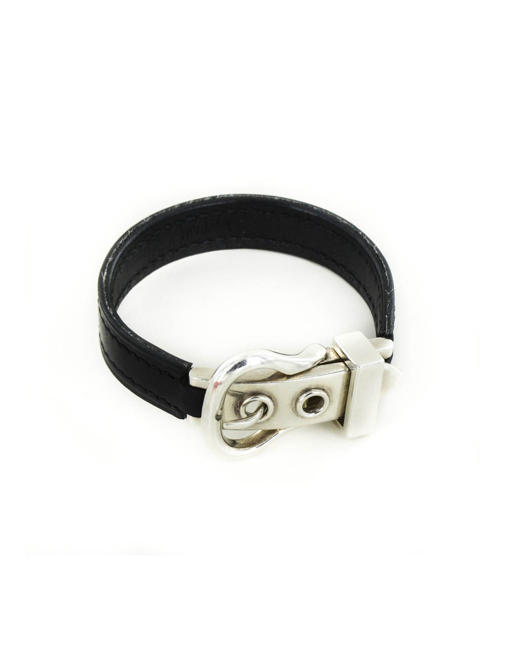 Bracelet HERMES en cuir noir et boucle argent
