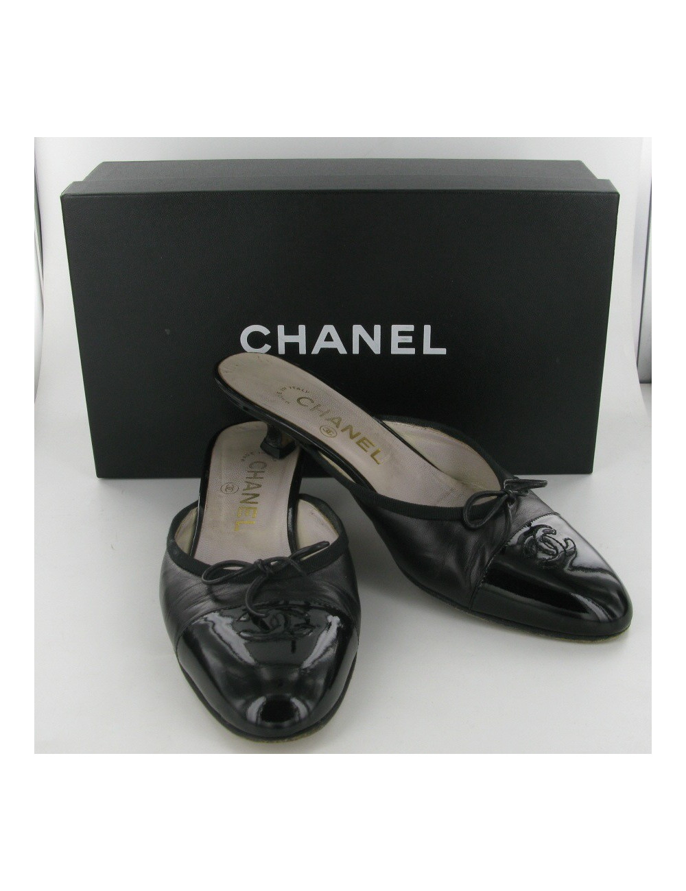 CHANEL black leather mules