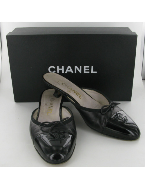 CHANEL black leather mules