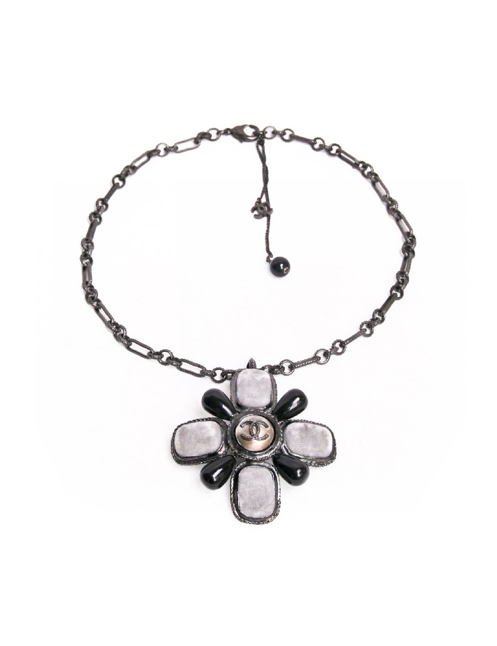 Collier bijou CHANEL pâte de verre et pane de velours gris