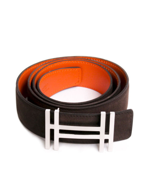 Ceinture HERMES t 85  bicolore veau velours marron, orange