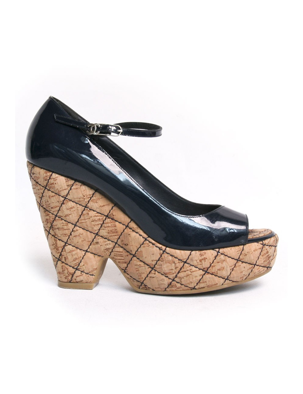 Sandales compensées CHANEL T liège et vernis bleu