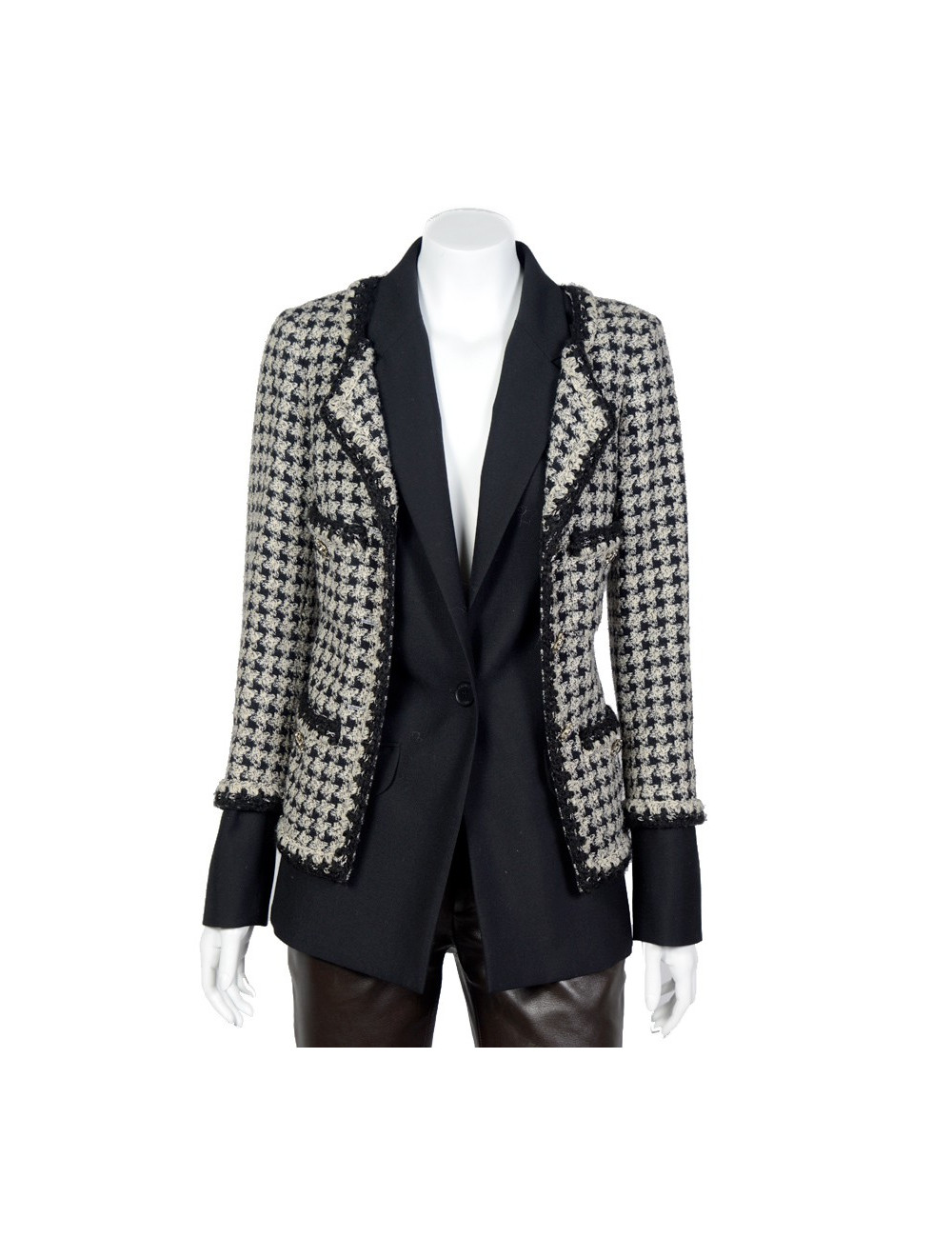 Veste "Hybride" T40 CHANEL pied de poule noir et blanc 