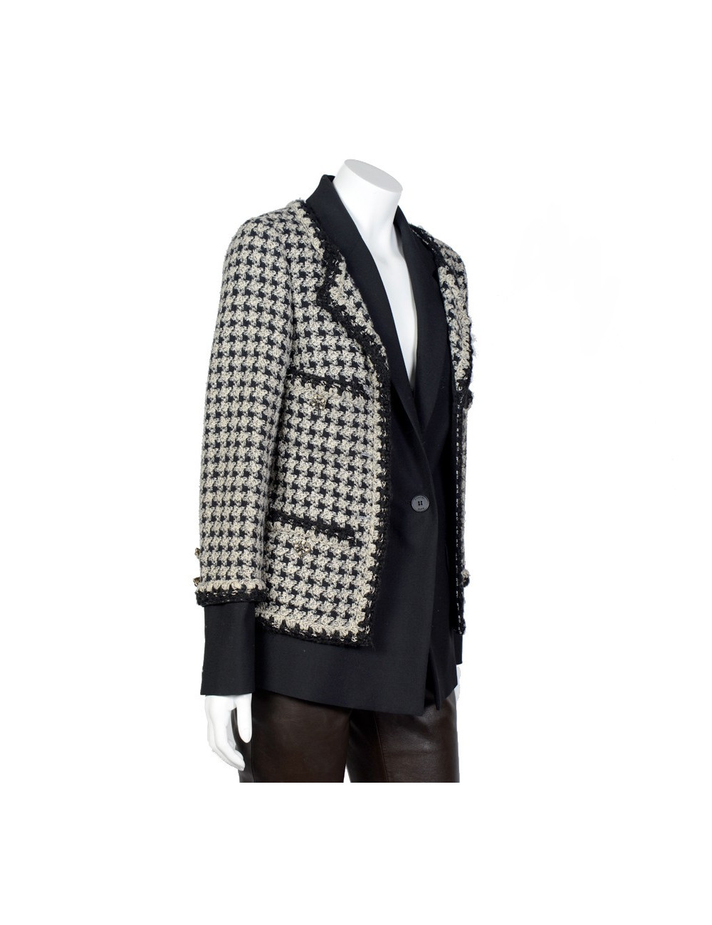 Veste "Hybride" T40 CHANEL pied de poule noir et blanc 