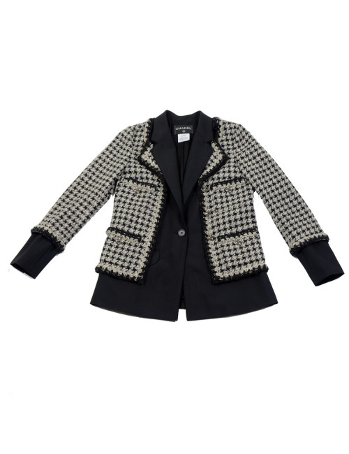 Veste "Hybride" T40 CHANEL pied de poule noir et blanc 