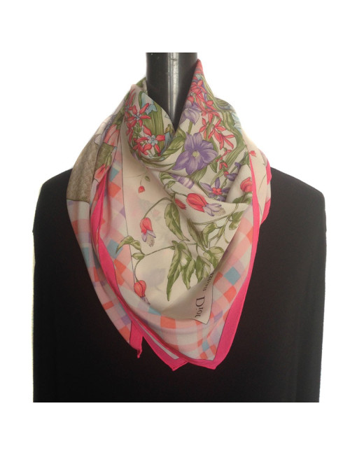 Carré de mousseline de soie Christian DIOR rose vintage