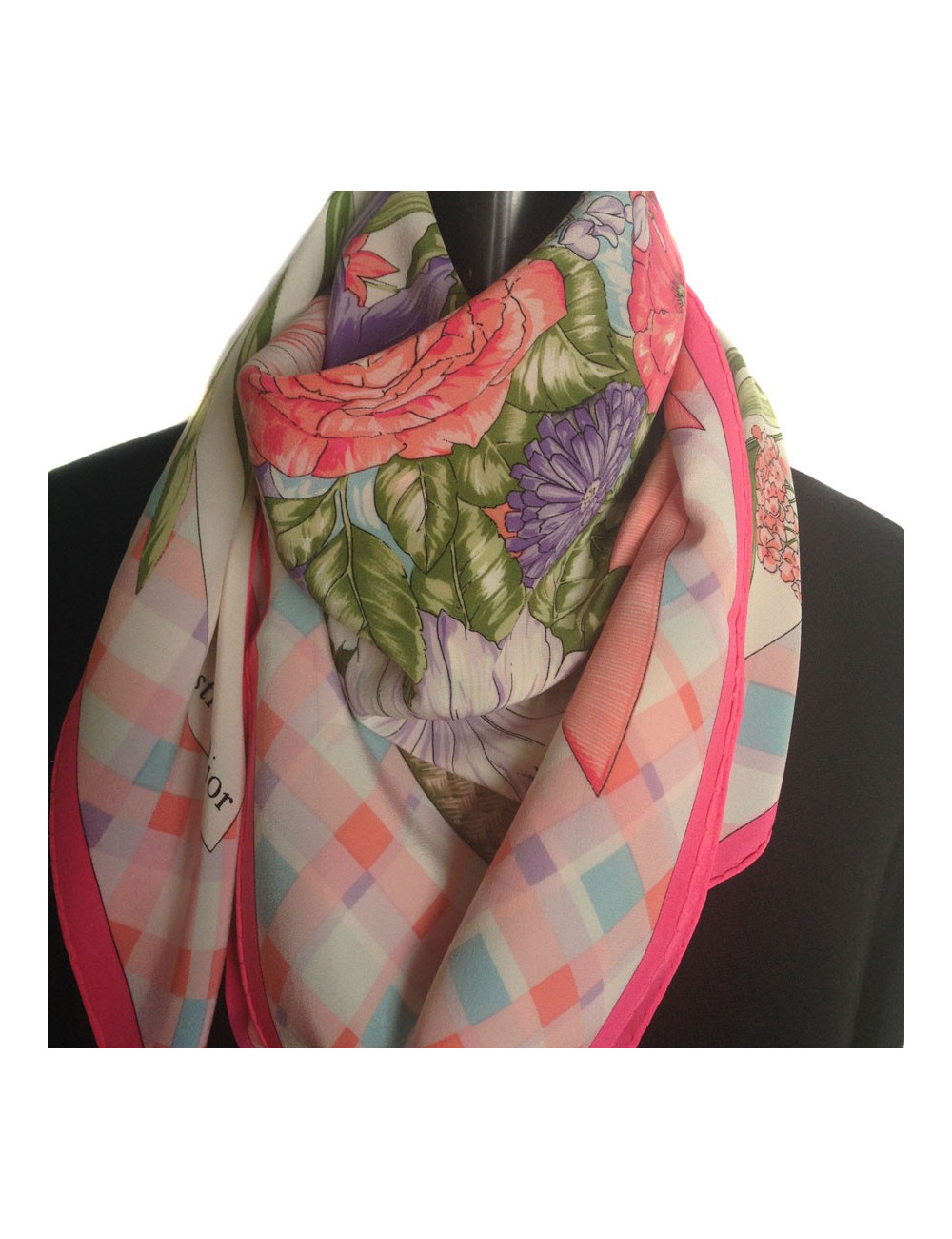 Carré de mousseline de soie Christian DIOR rose vintage