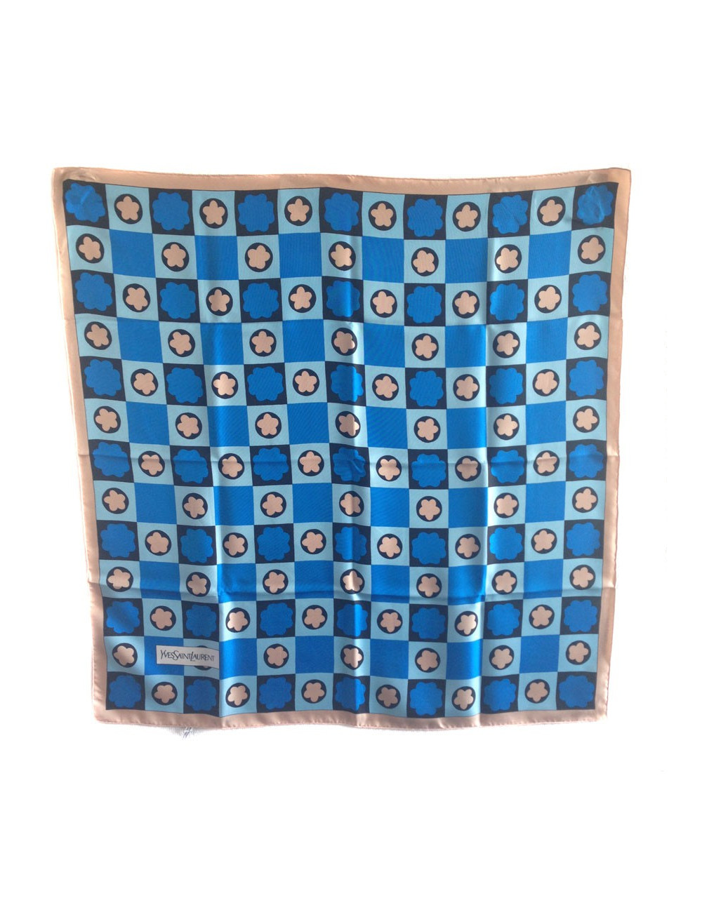 Carré de soie Yves Saint Laurent vintage bleu et beige