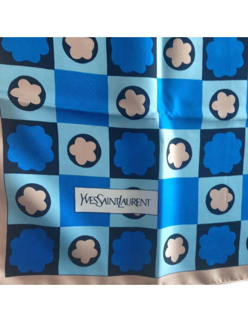 Carré de soie Yves Saint Laurent vintage bleu et beige