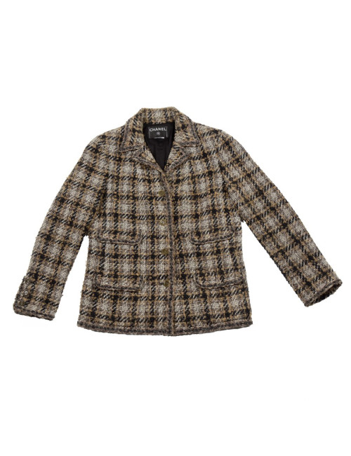 Veste CHANEL T 44 tweed marron beige et noire