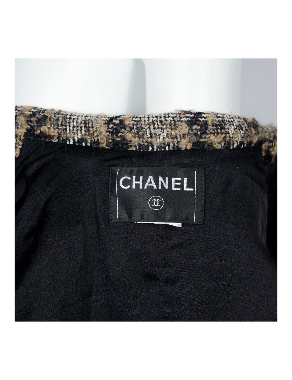 Veste CHANEL T 44 tweed marron beige et noire