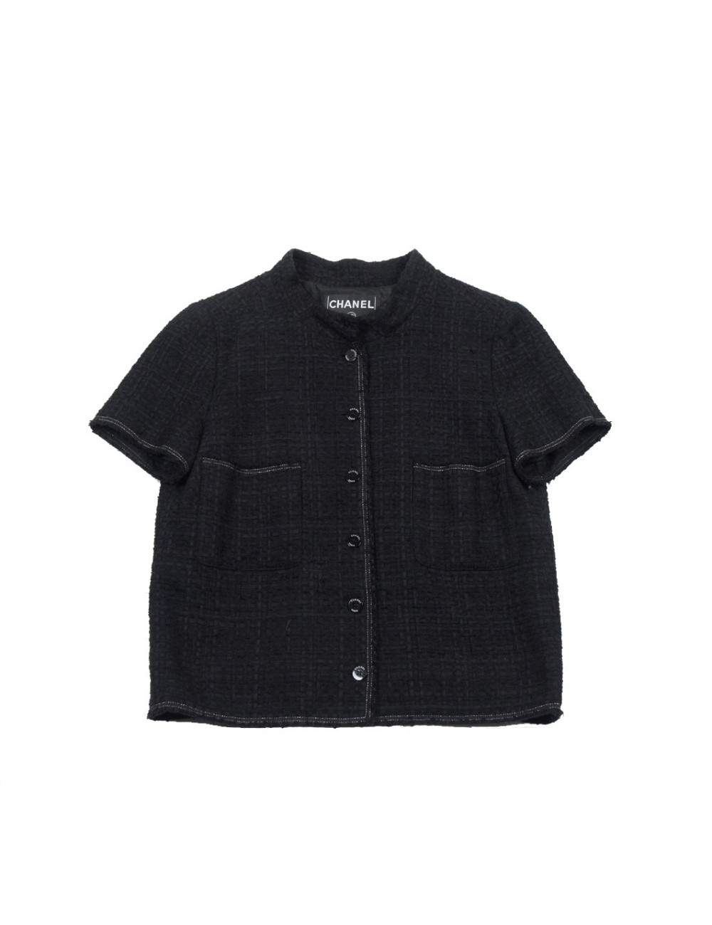 Veste CHANEL T38 tweed noir manches courtes
