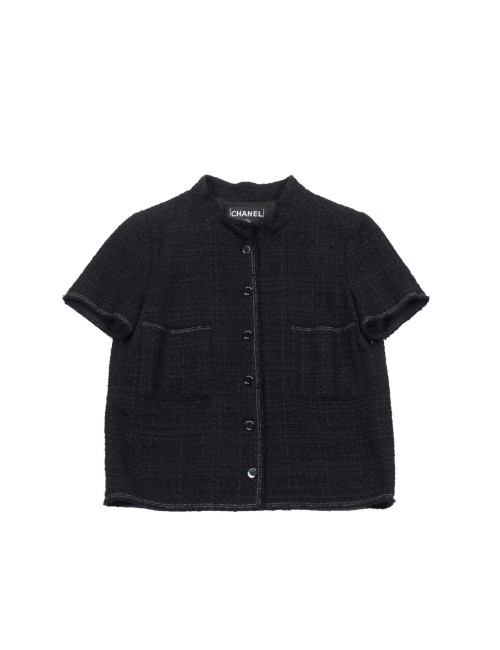 Veste CHANEL T38 tweed noir manches courtes
