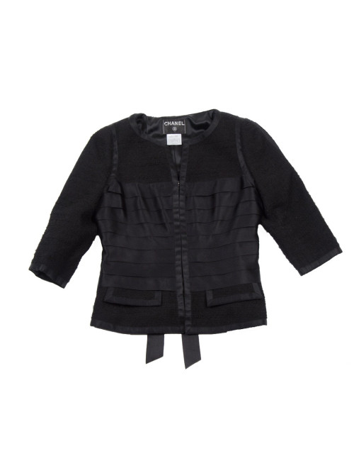 Veste CHANEL T 44 tweed et rubans noirs
