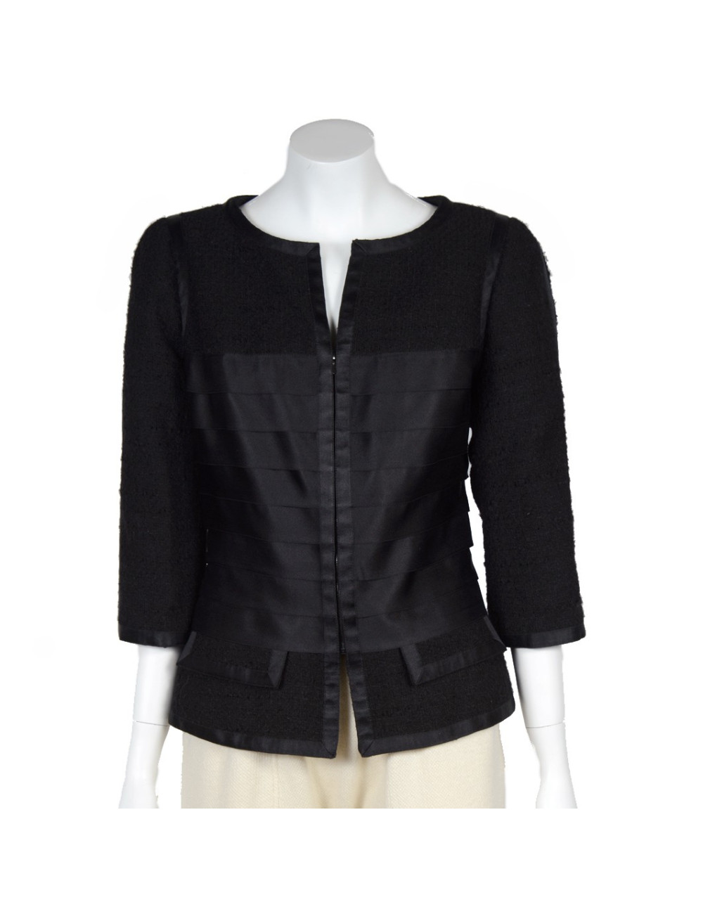 Veste CHANEL T 44 tweed et rubans noirs