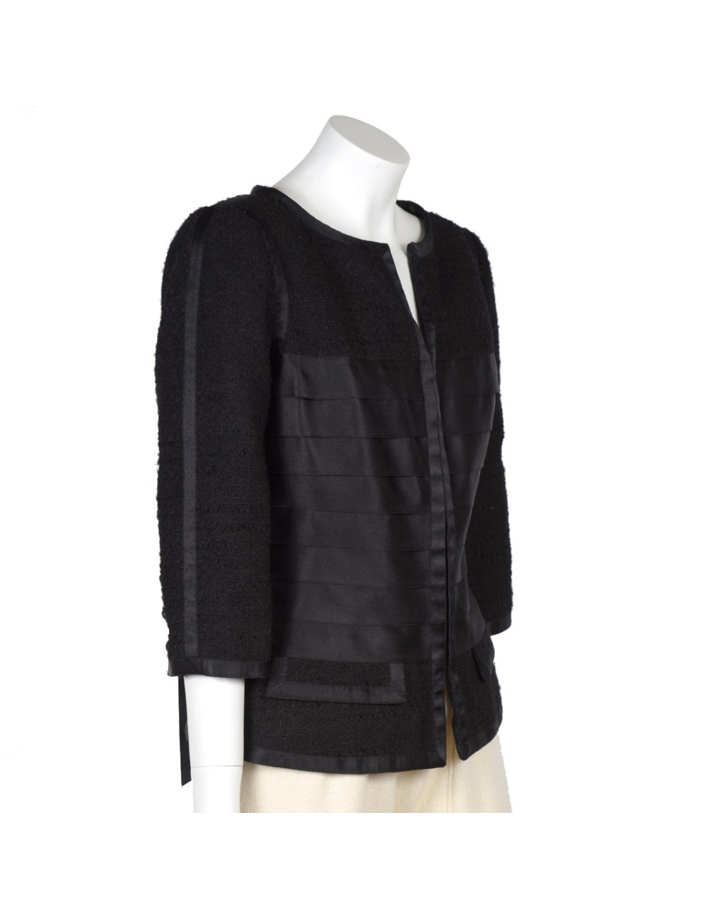 Veste CHANEL T 44 tweed et rubans noirs