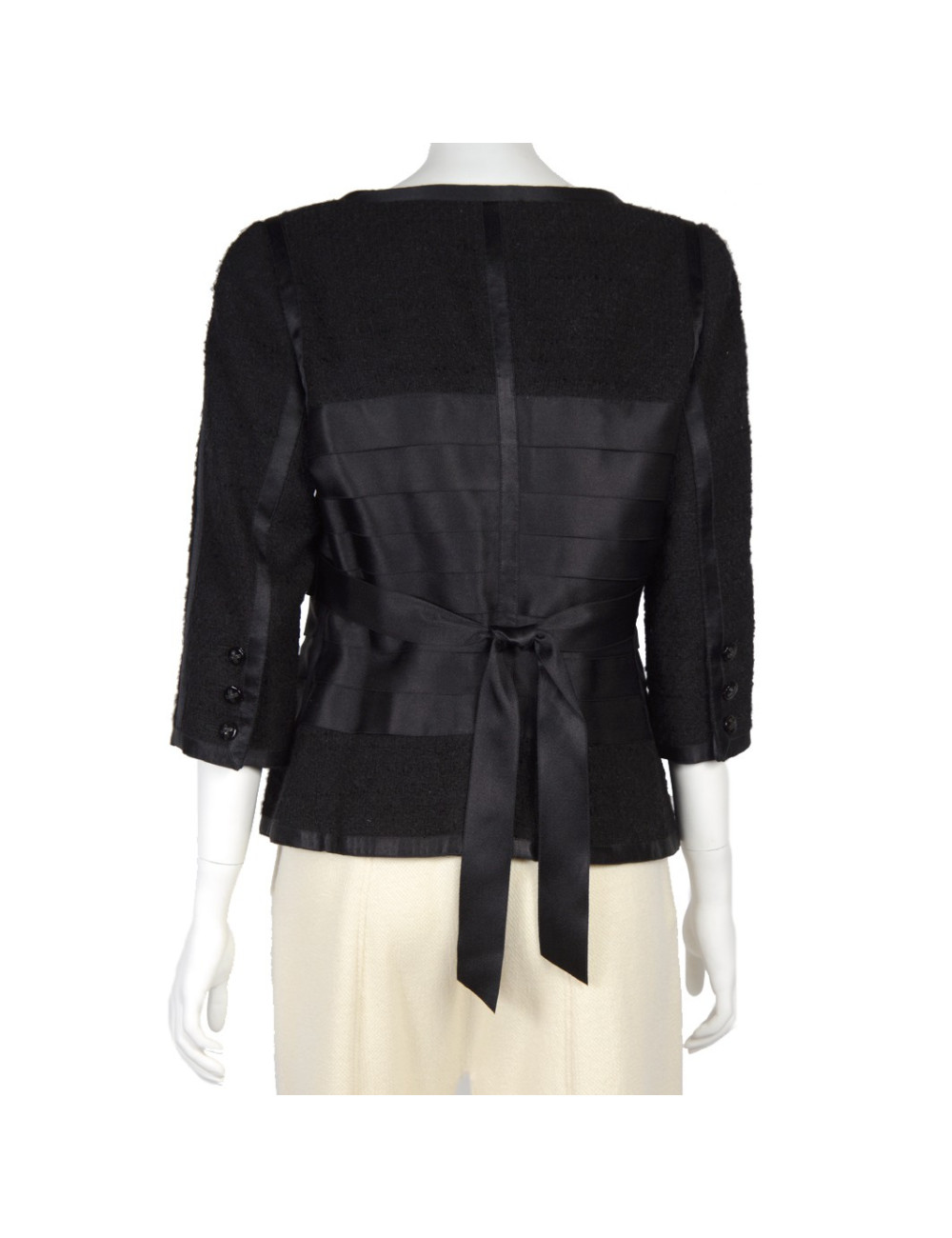 Veste CHANEL T 44 tweed et rubans noirs