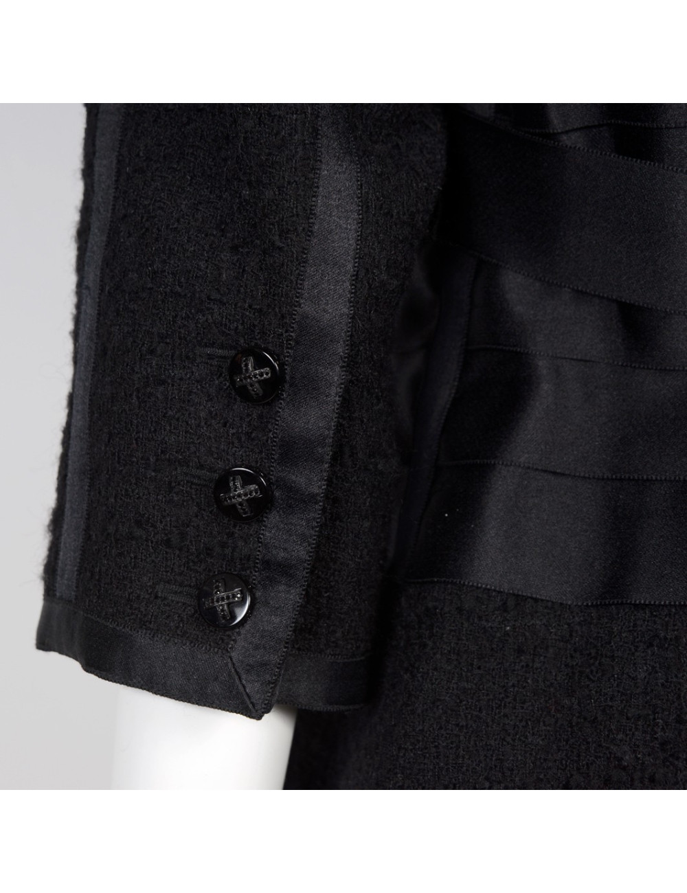 Veste CHANEL T 44 tweed et rubans noirs