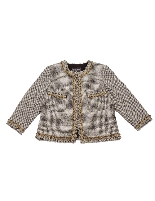 Veste CHANEL T 44 noire, blanche et or 