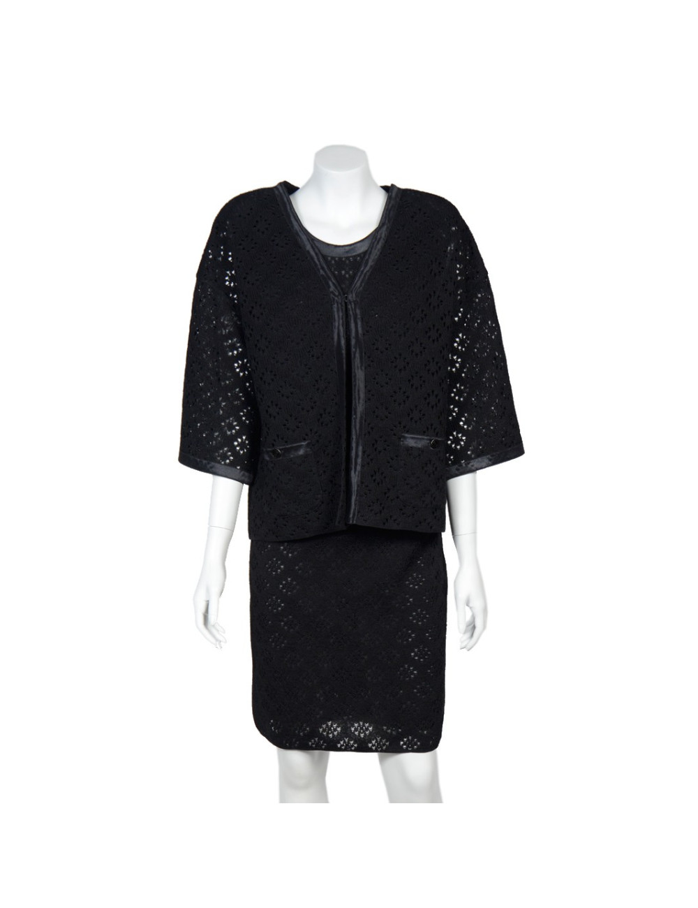 Ensemble CHANEL t 40 robe et veste dentelle noire soie