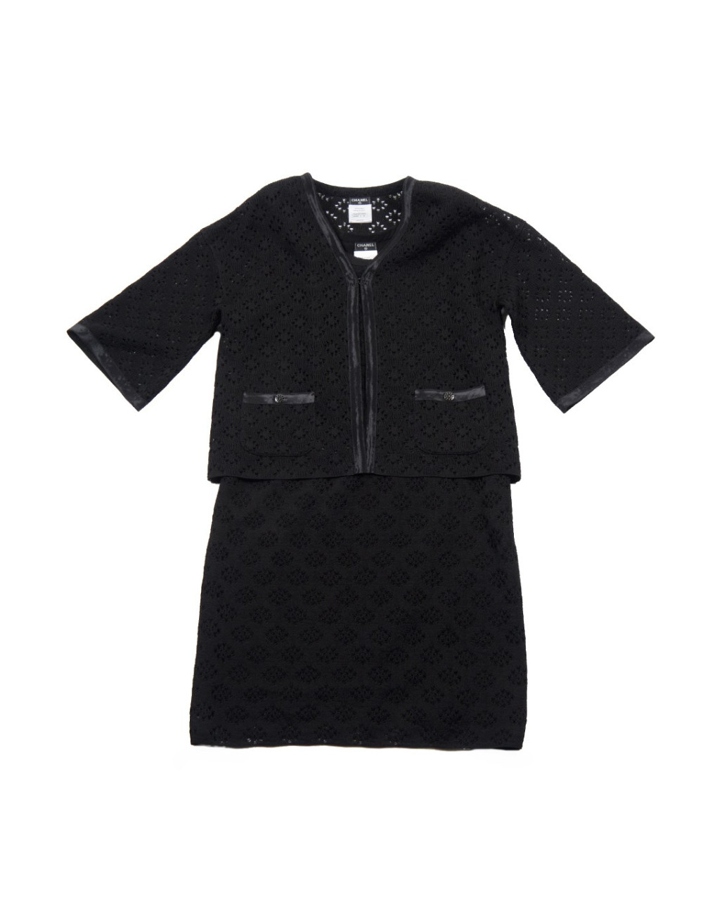 Ensemble CHANEL t 40 robe et veste dentelle noire soie