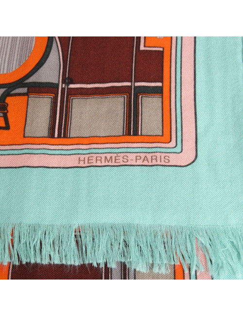 Châle HERMES cachemire et soie  orange et vert