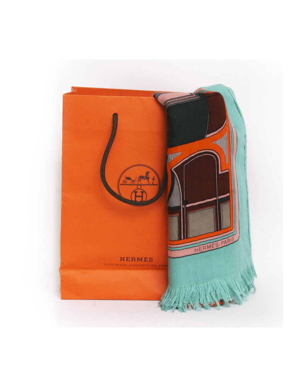 Châle HERMES cachemire et soie  orange et vert