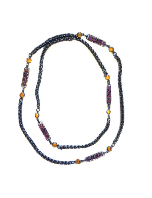 Sautoir MARGUERITE DE VALOIS chaîne ruthénium et pâte de verre jaune et mauve