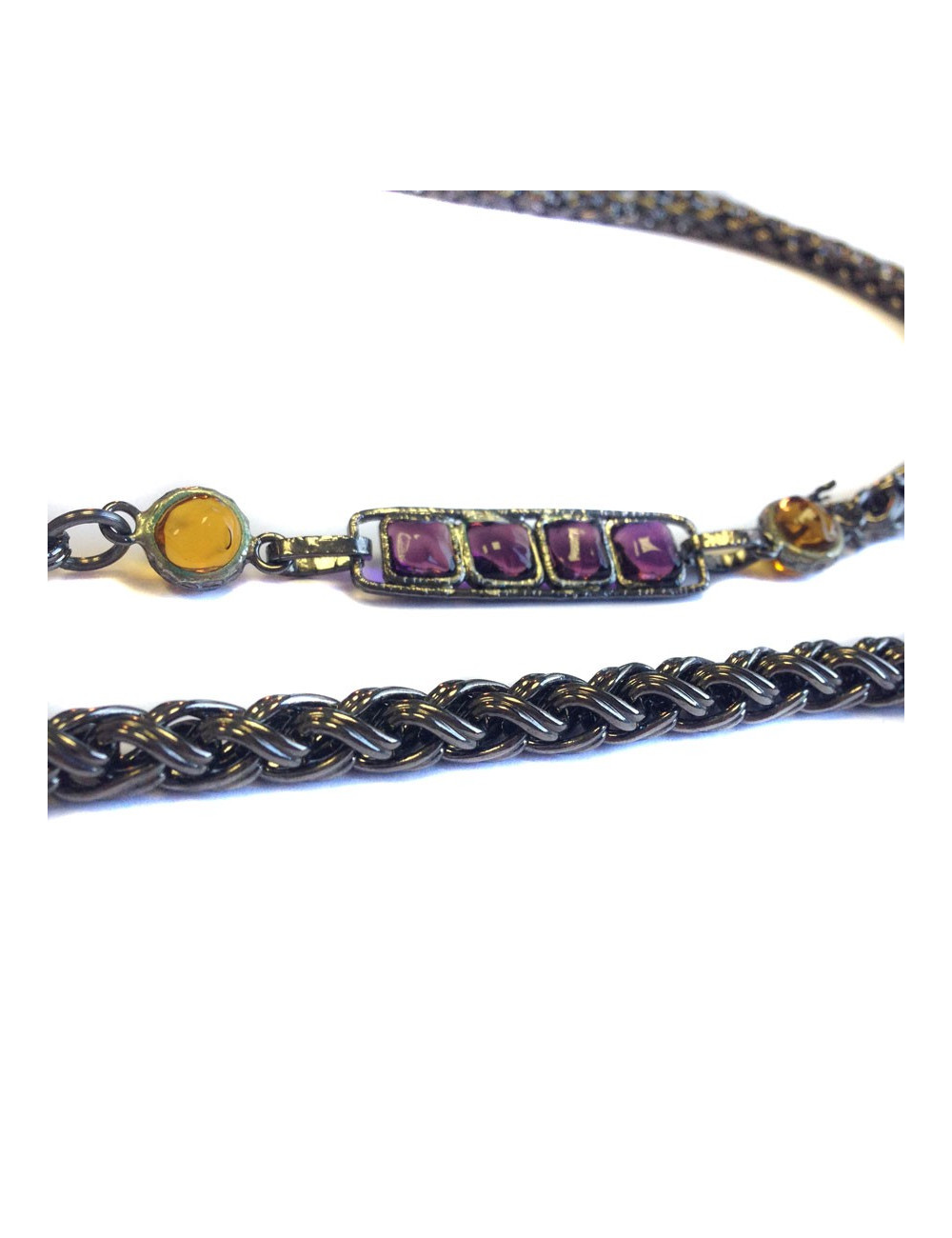 Sautoir MARGUERITE DE VALOIS chaîne ruthénium et pâte de verre jaune et mauve