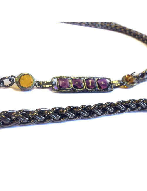 Sautoir MARGUERITE DE VALOIS chaîne ruthénium et pâte de verre jaune et mauve
