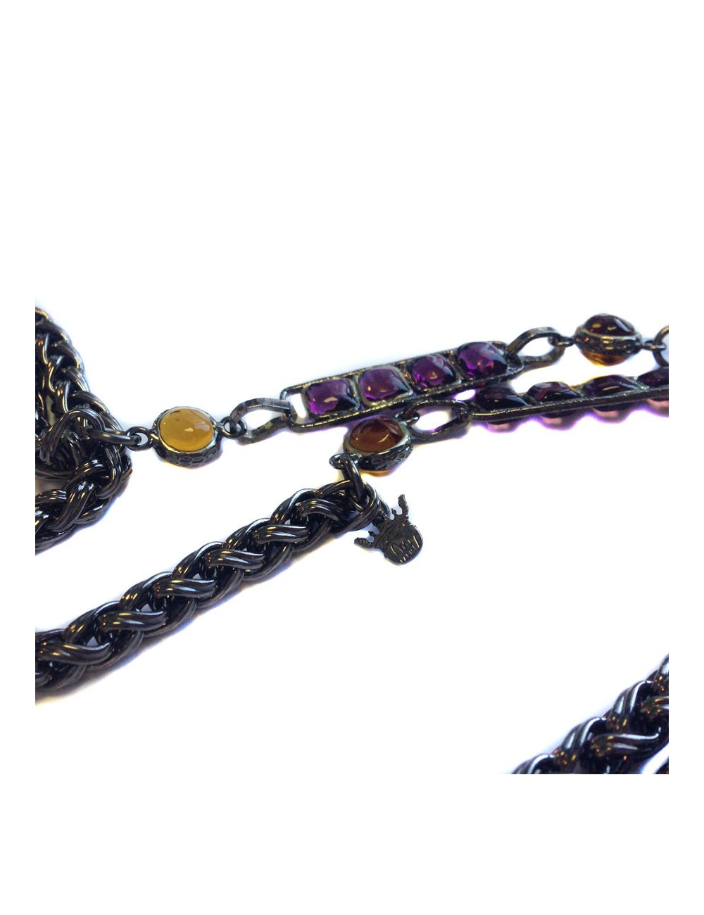 Sautoir MARGUERITE DE VALOIS chaîne ruthénium et pâte de verre jaune et mauve