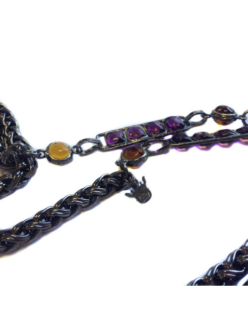 Sautoir MARGUERITE DE VALOIS chaîne ruthénium et pâte de verre jaune et mauve