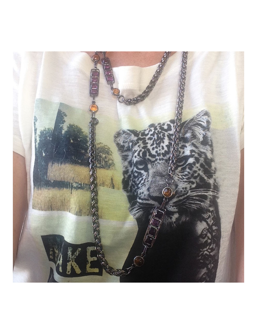 Sautoir MARGUERITE DE VALOIS chaîne ruthénium et pâte de verre jaune et mauve