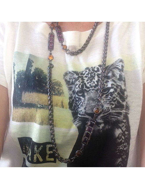 Sautoir MARGUERITE DE VALOIS chaîne ruthénium et pâte de verre jaune et mauve