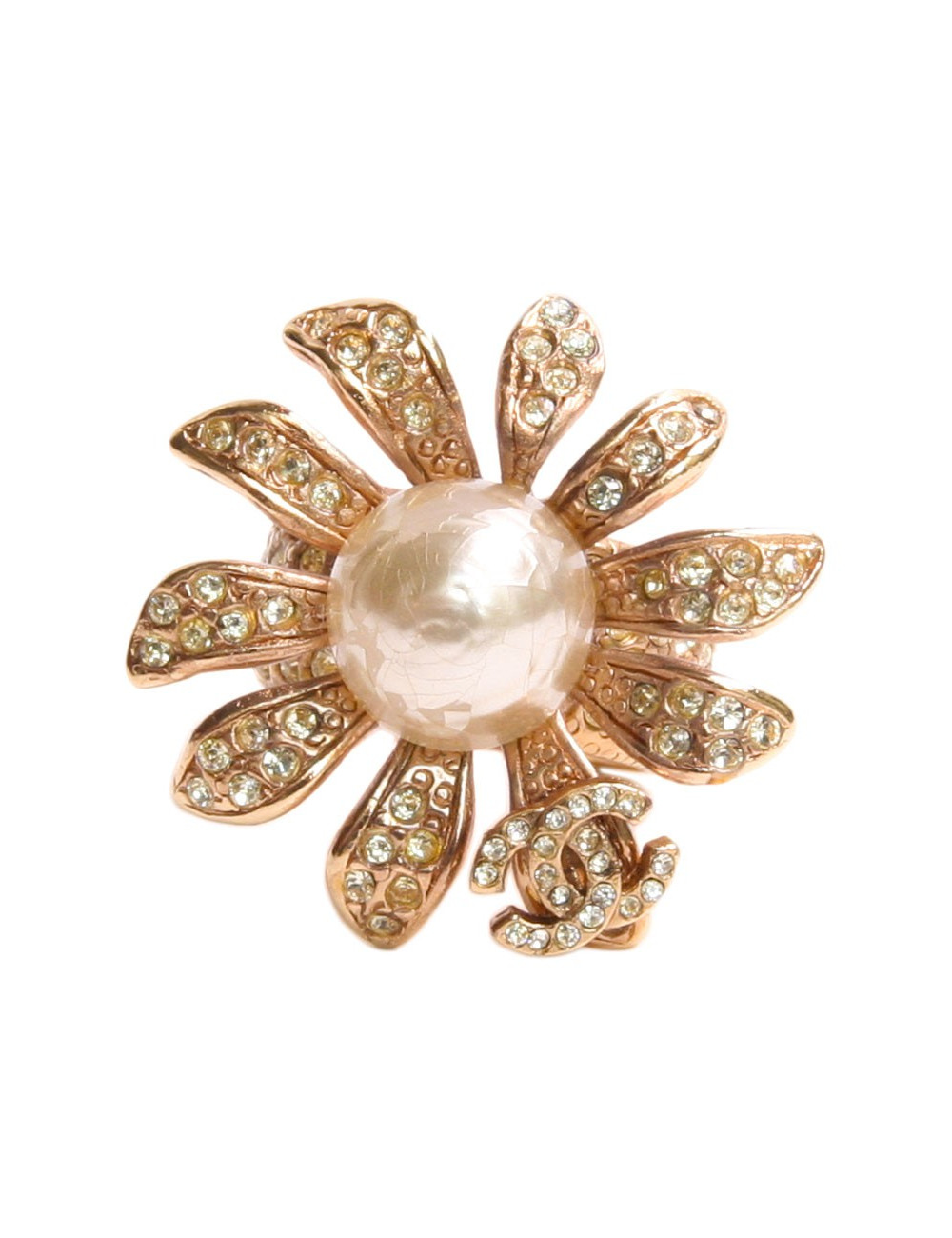 Bague CHANEL fleur dorée et strass