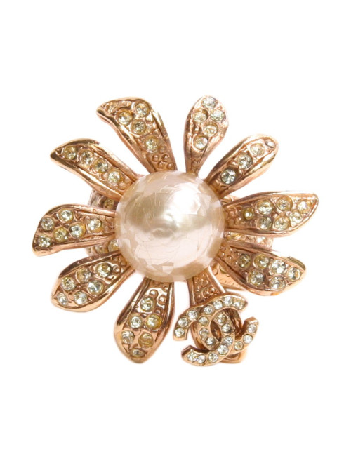 Bague CHANEL fleur dorée et strass