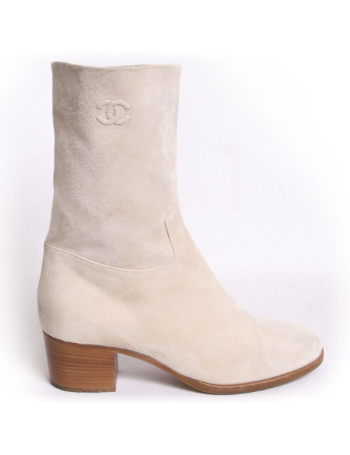 Boots CHANEL veau velours beige t 38.5