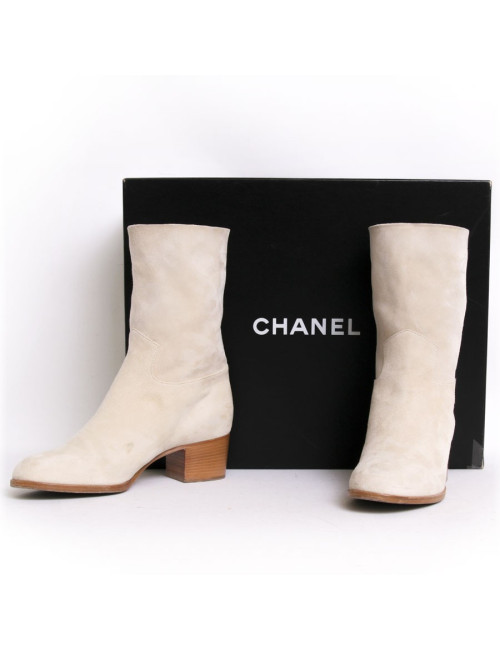 Boots CHANEL veau velours beige t 38.5