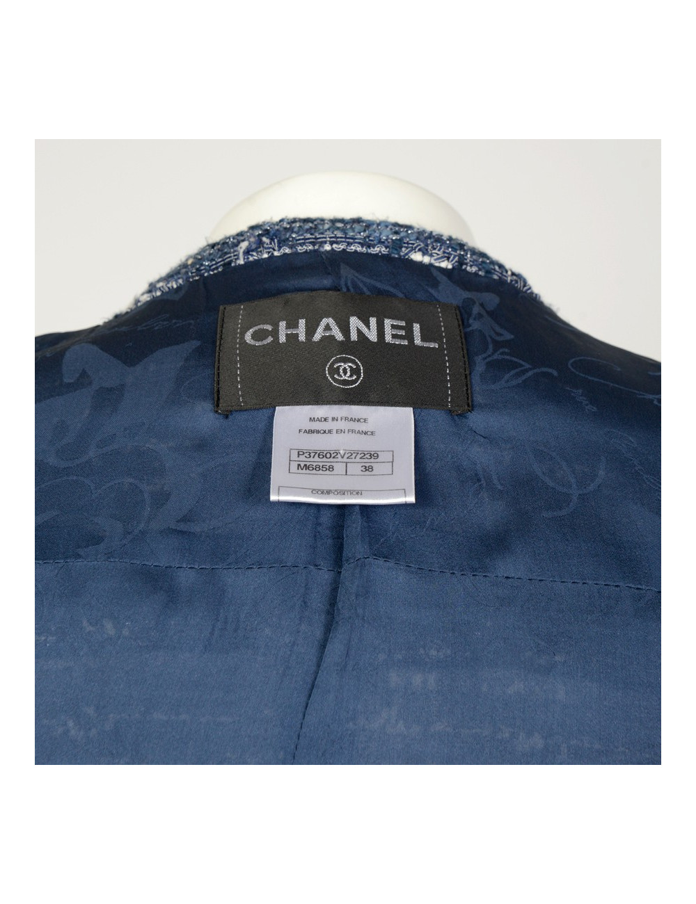 Veste CHANEL T38 tweed bleu et blanc