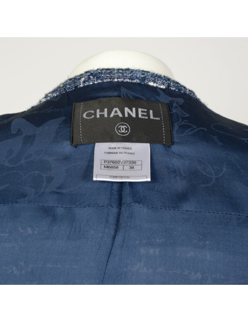 Veste CHANEL T38 tweed bleu et blanc