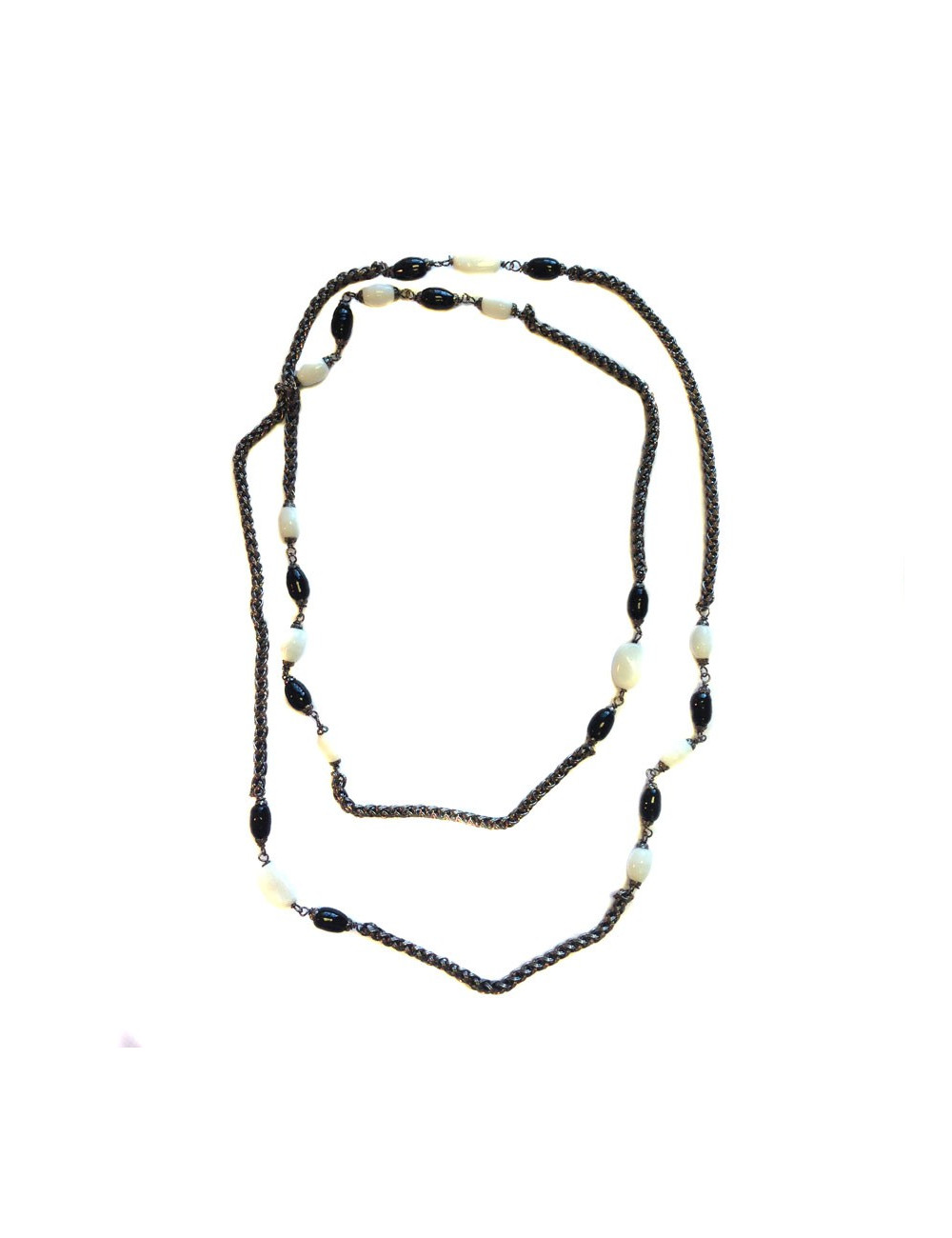 Sautoir MARGUERITE DE VALOIS chaîne ruthénium et pâte de verre blanche et noire