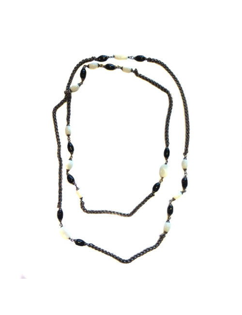 Sautoir MARGUERITE DE VALOIS chaîne ruthénium et pâte de verre noire et blanche
