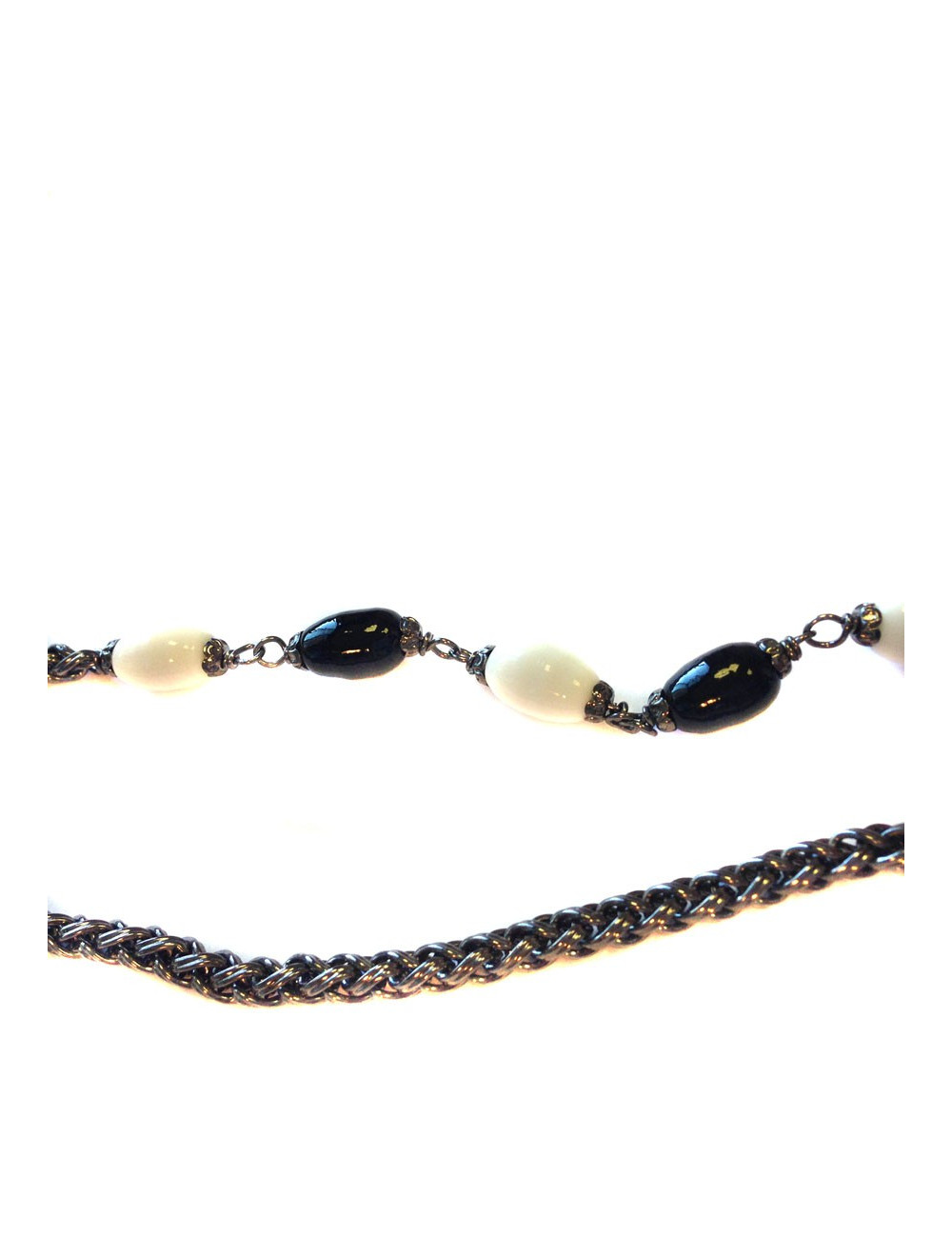 Sautoir MARGUERITE DE VALOIS chaîne ruthénium et pâte de verre blanche et noire
